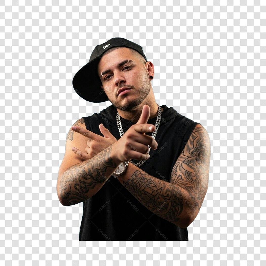 Foto Recortada Homem Boné Tatuagens Apontando PNG Fundo Transparente