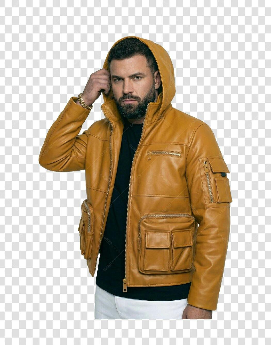 Foto Recortada Homem Barba Jaqueta Couro Capuz PNG Fundo Transparente