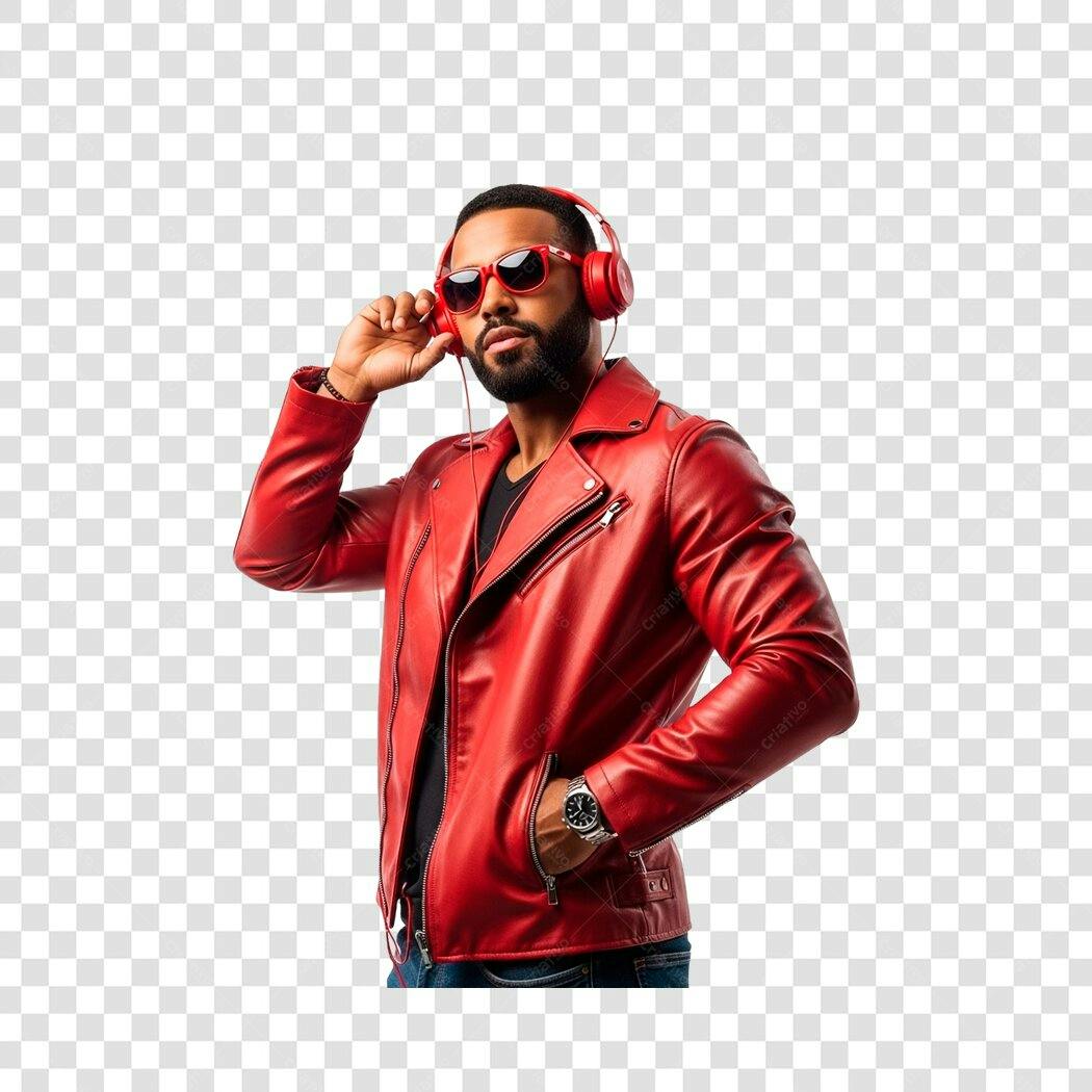 Foto Recortada Homem Jaqueta Vermelha Fone Ouvido PNG Fundo Transparente
