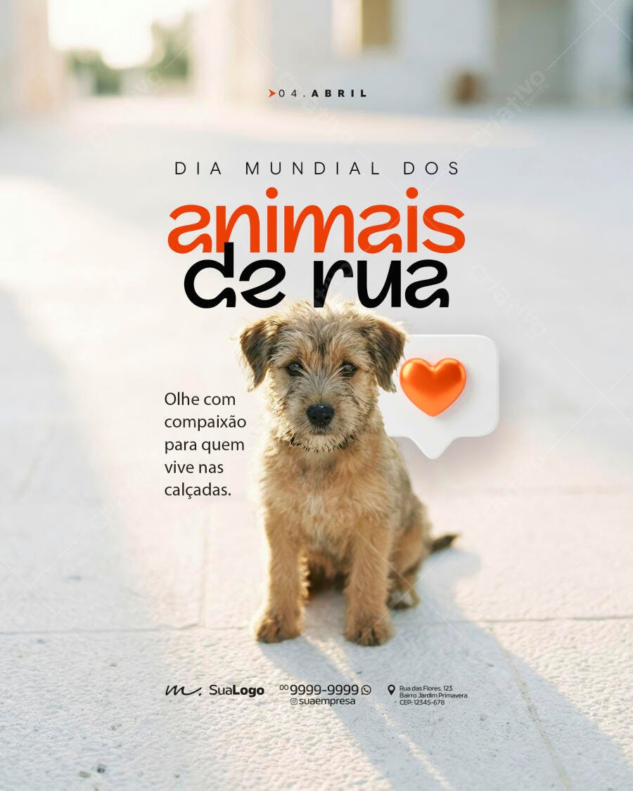 Arte Dia Mundial dos Animais de Rua 04 de Abril PSD Editável