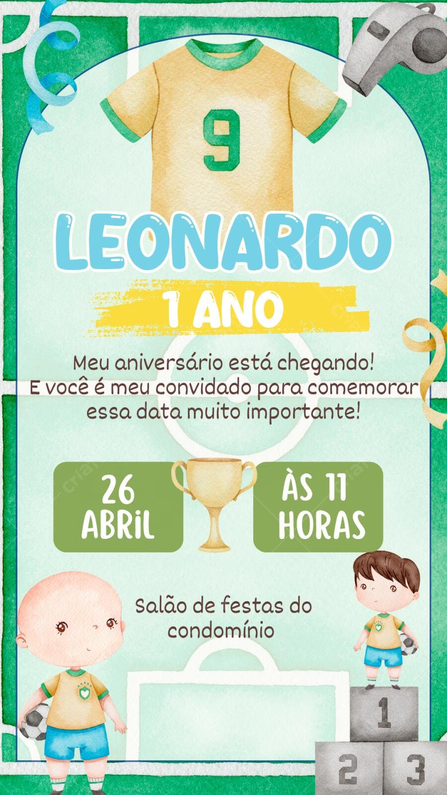 Convite Aniversário Futebol 1 Ano Editável