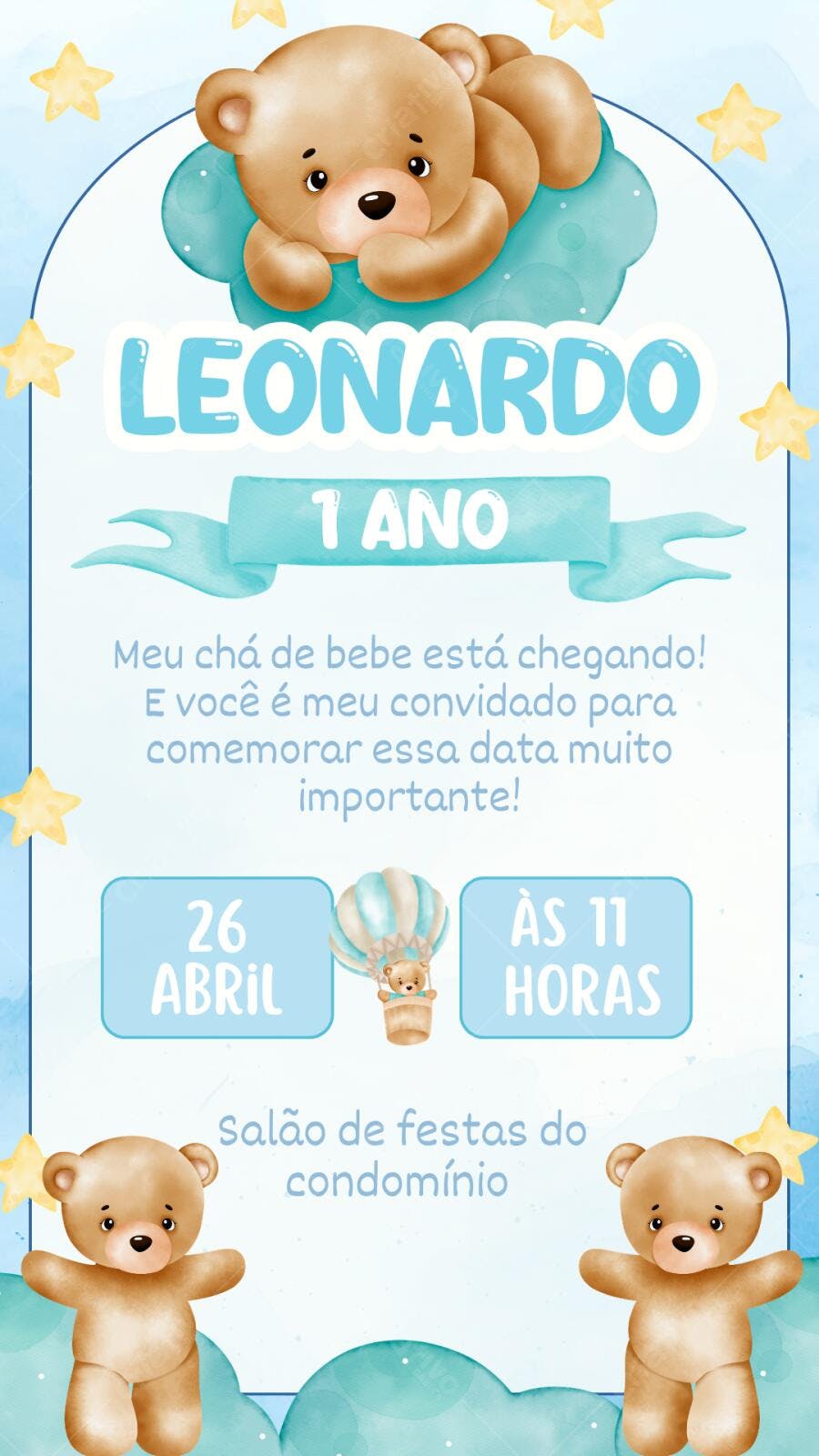Convite Chá de Bebê Urso Azul 1 Ano Editável