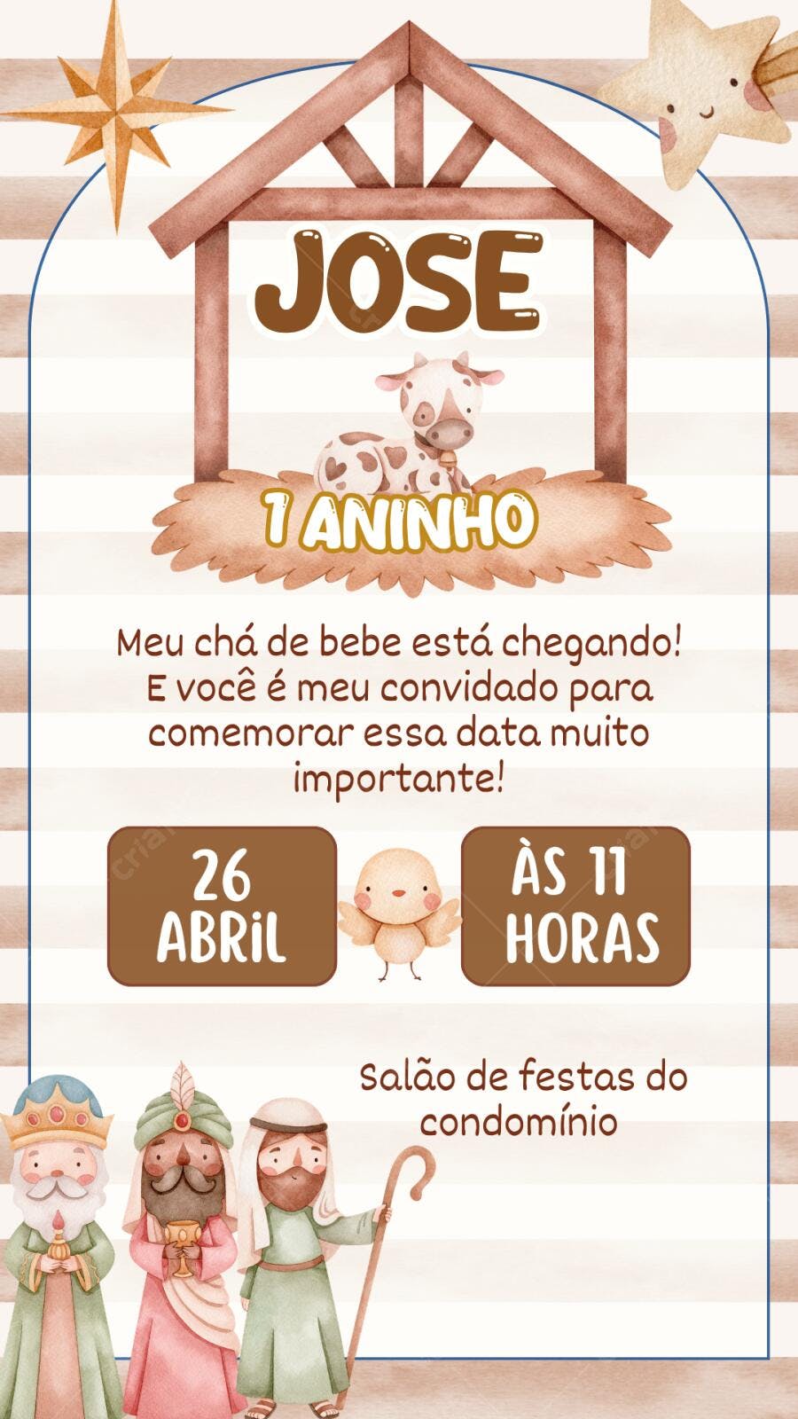 Convite Chá de Bebê Presépio 1 Aninho Menino Editável