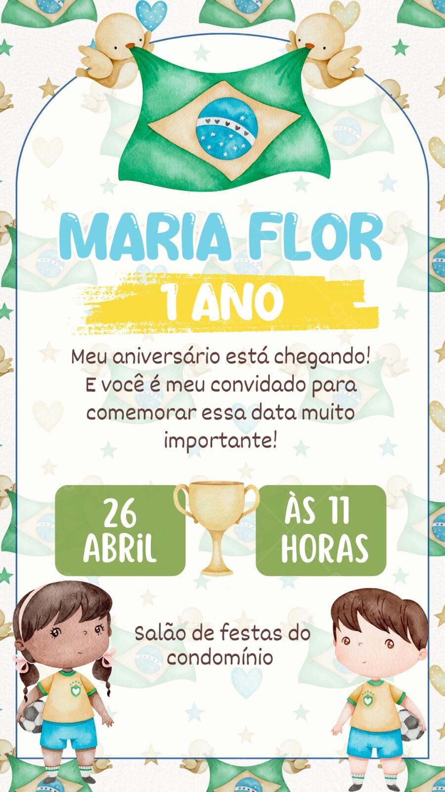 Convite Aniversário Futebol Brasil 1 Ano Editável