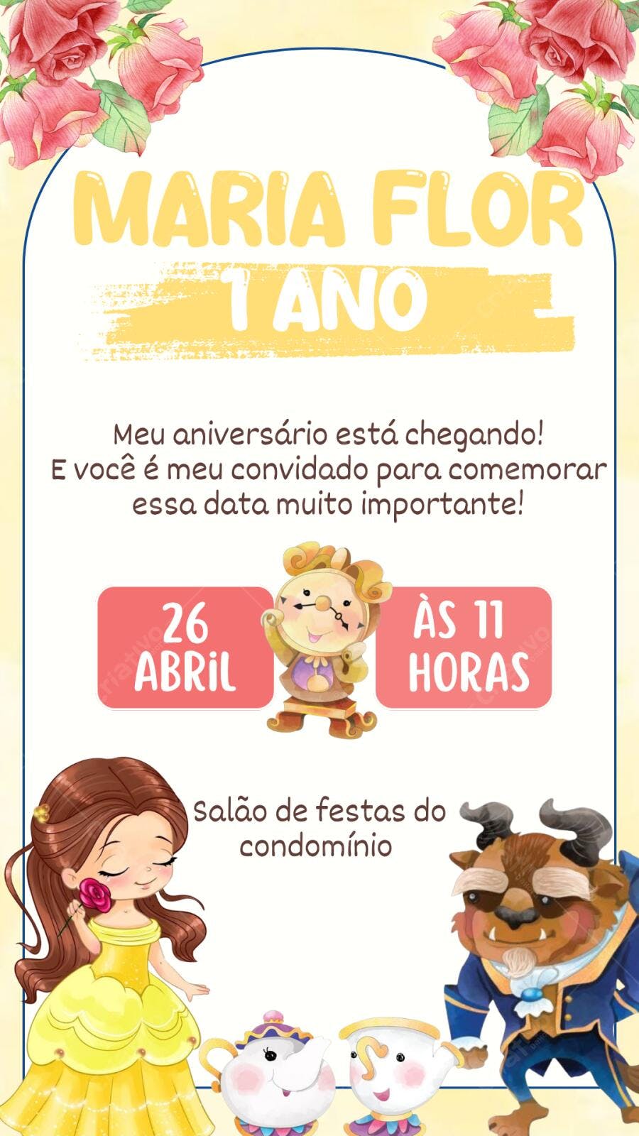 Convite Aniversário A Bela e a Fera 1 Ano Editável