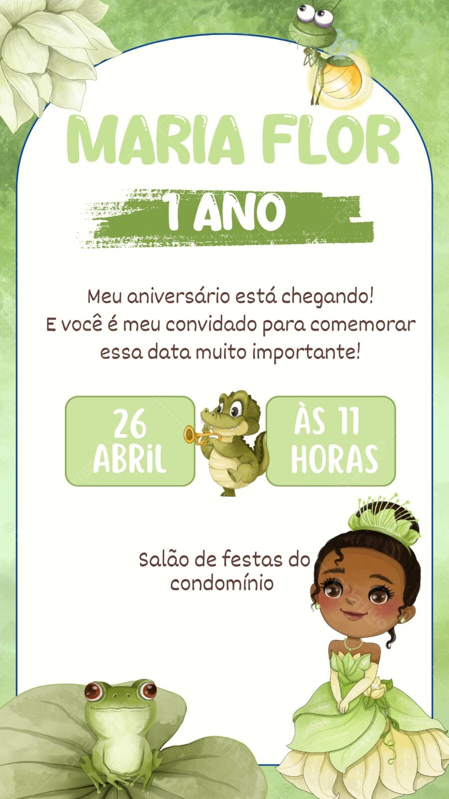 Convite Aniversário Princesa Tiana Sapo 1 Ano Editável