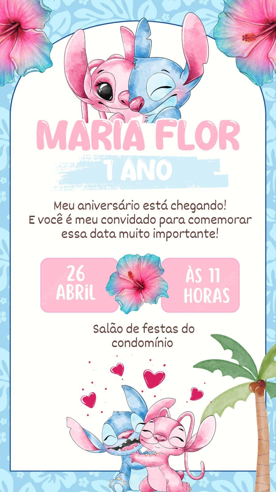 Convite Aniversário Stitch e Angel 1 Ano Editável