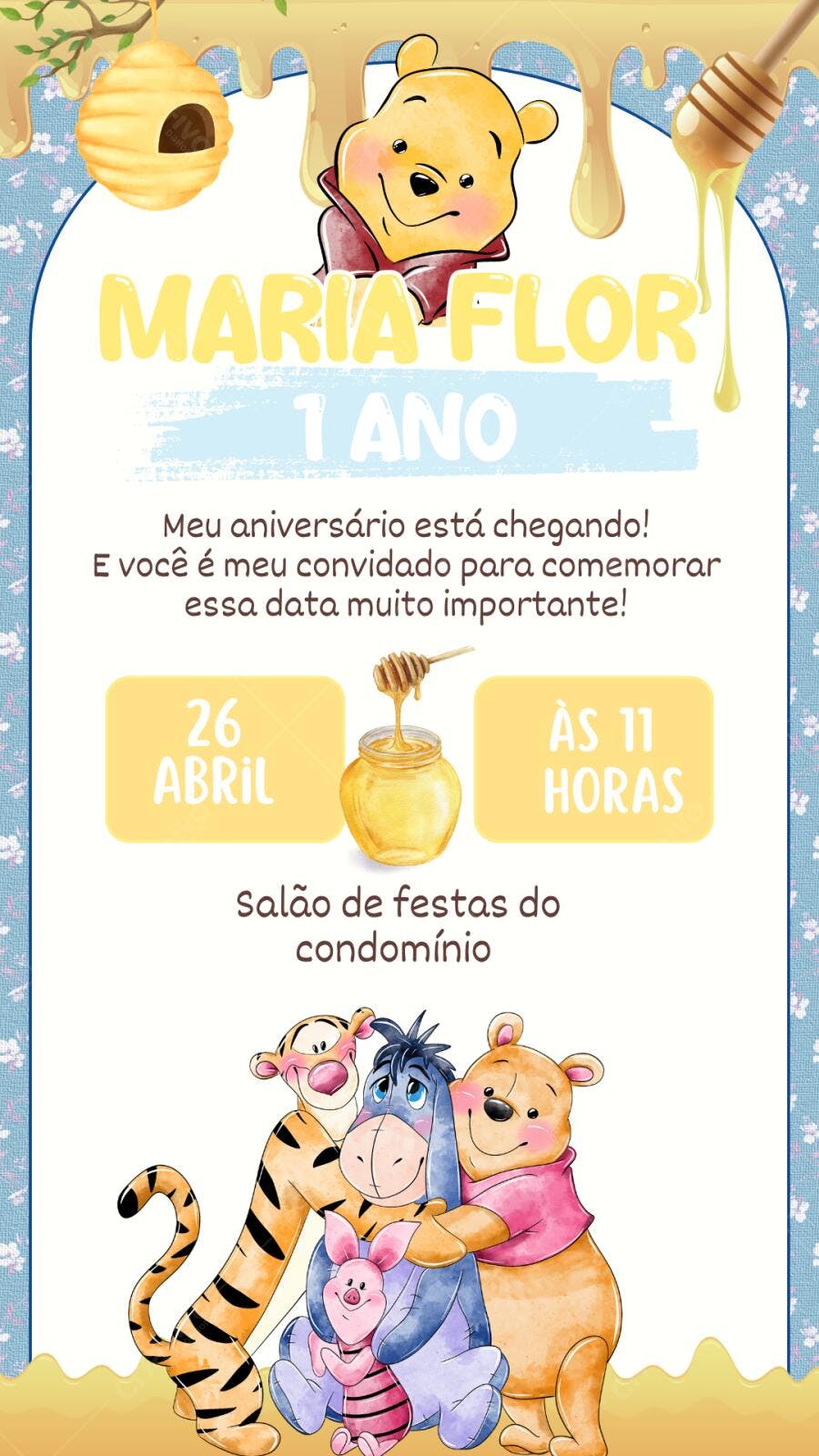 Convite Aniversário Ursinho Pooh 1 Ano Editável