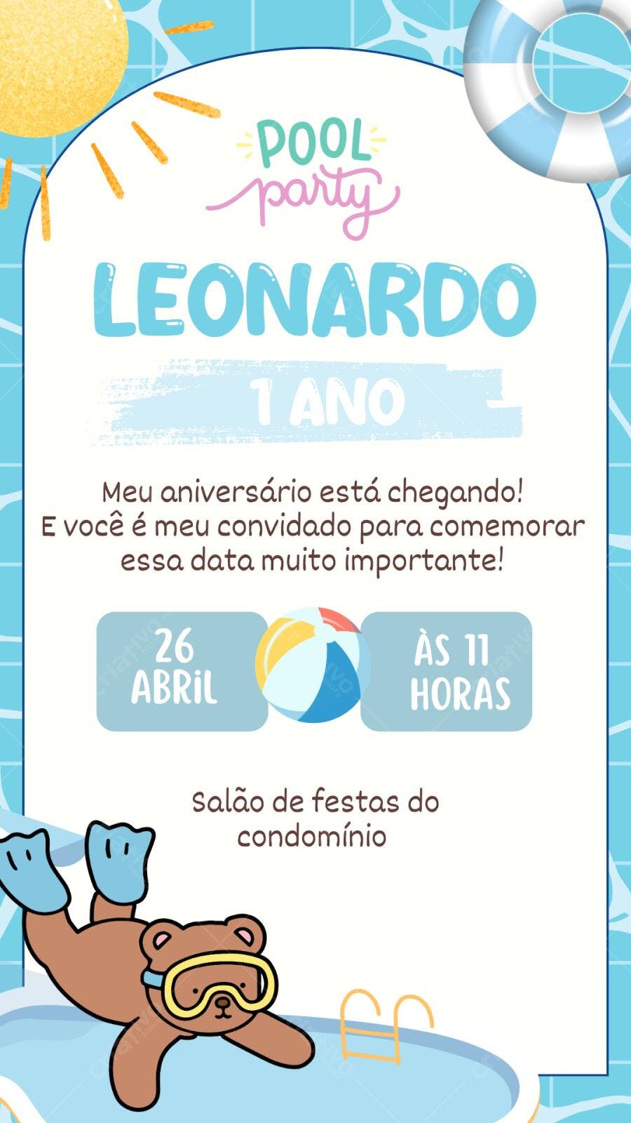 Convite Aniversário Pool Party Urso 1 Ano Editável