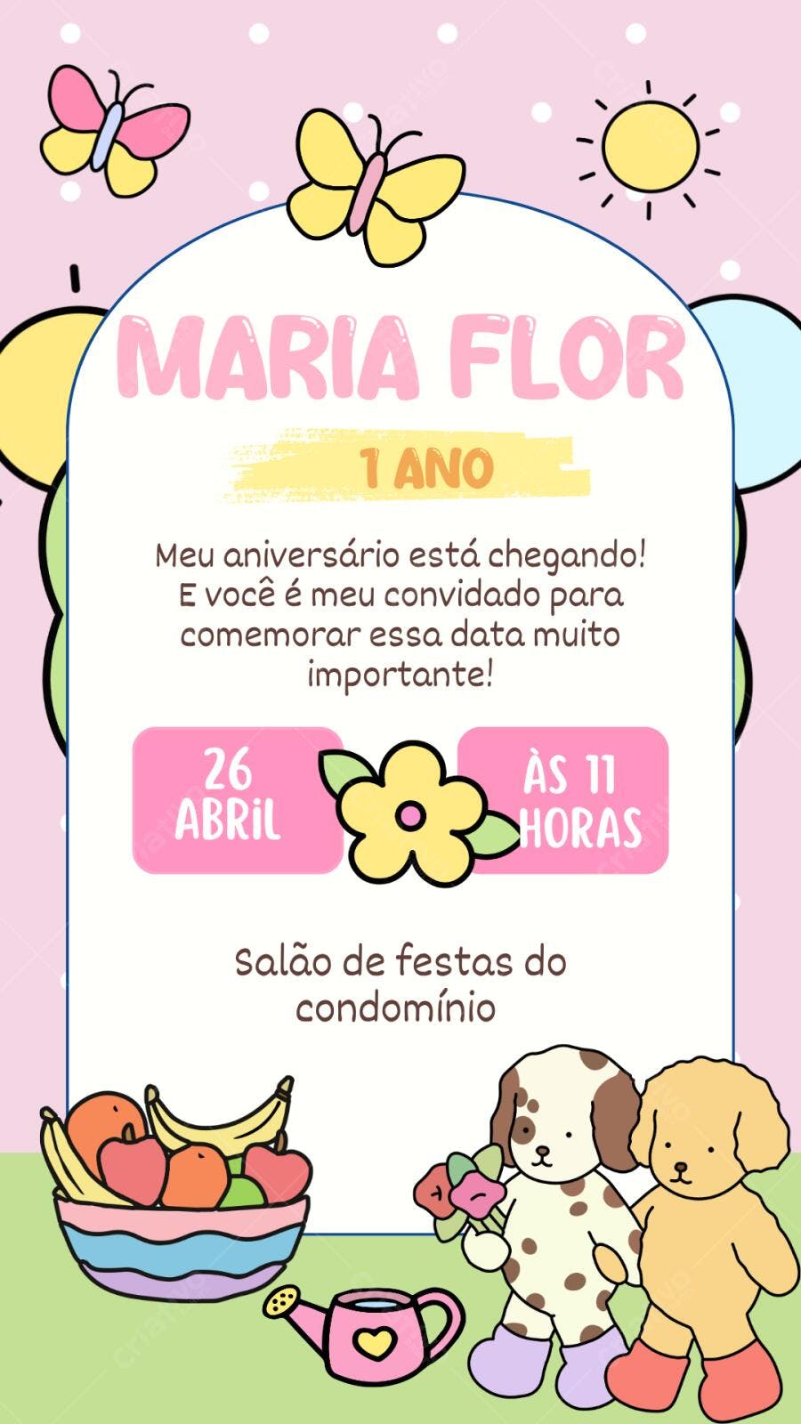 Convite Aniversário Infantil Jardim Encantado 1 Ano Editável