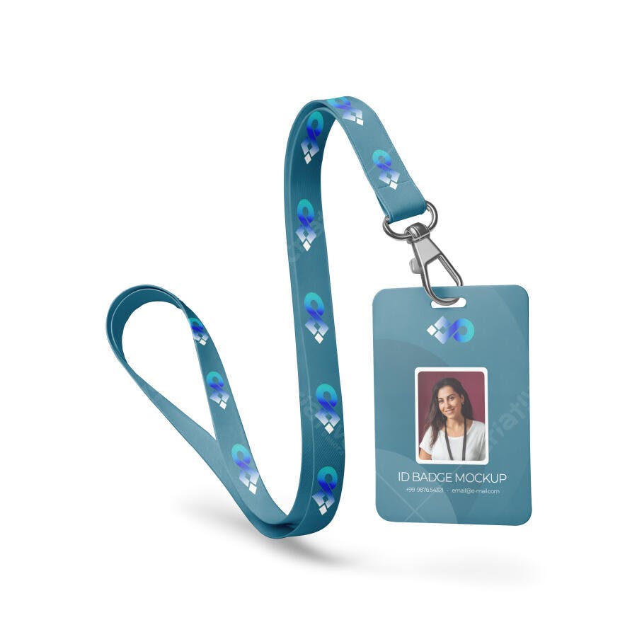Mockup Crachá Identificação Cordão Azul Fundo Branco Editável