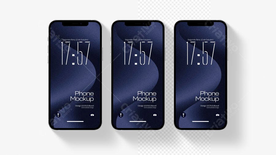 Mockup Celular Preto Três Ângulos Fundo Branco Editável