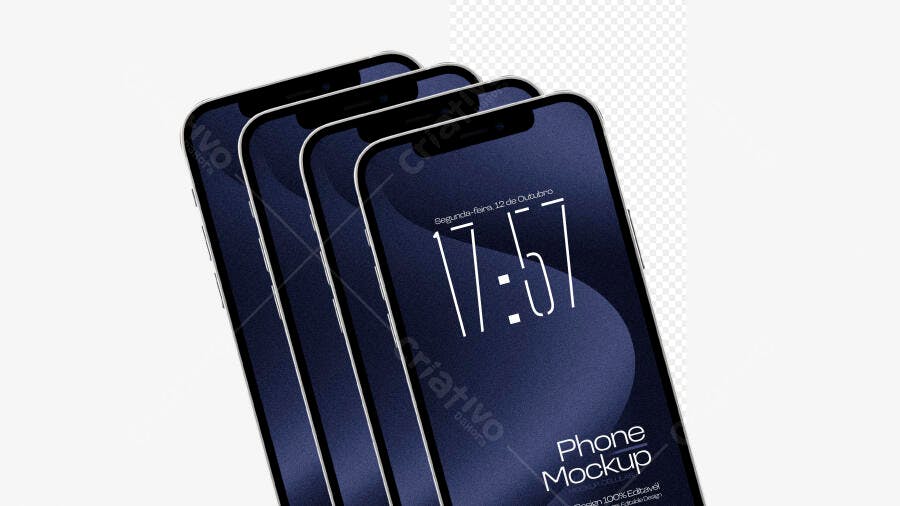 Mockup Celular Smartphone Tela Escura 3/4 Fundo Branco Editável