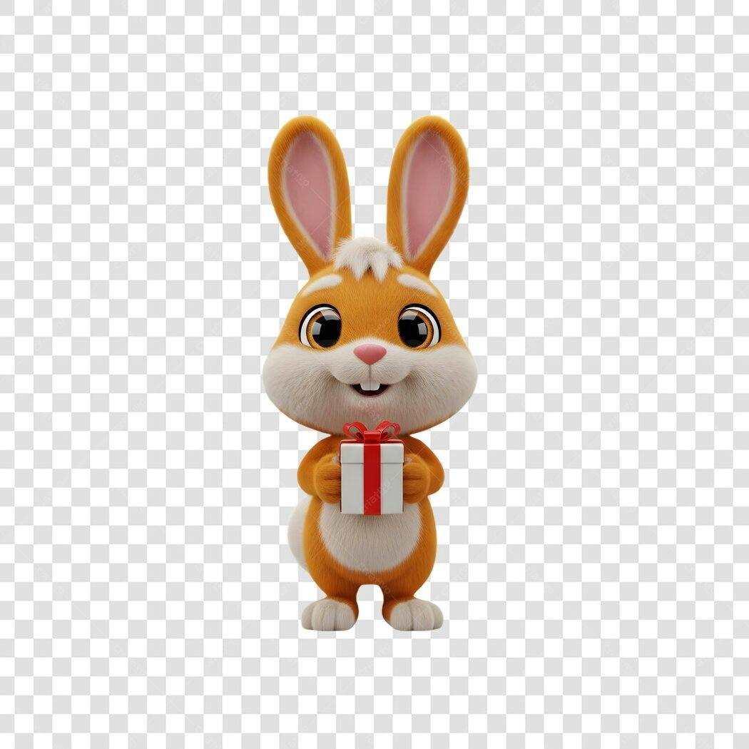 Coelhinho com presente 3D PNG Fundo Transparente