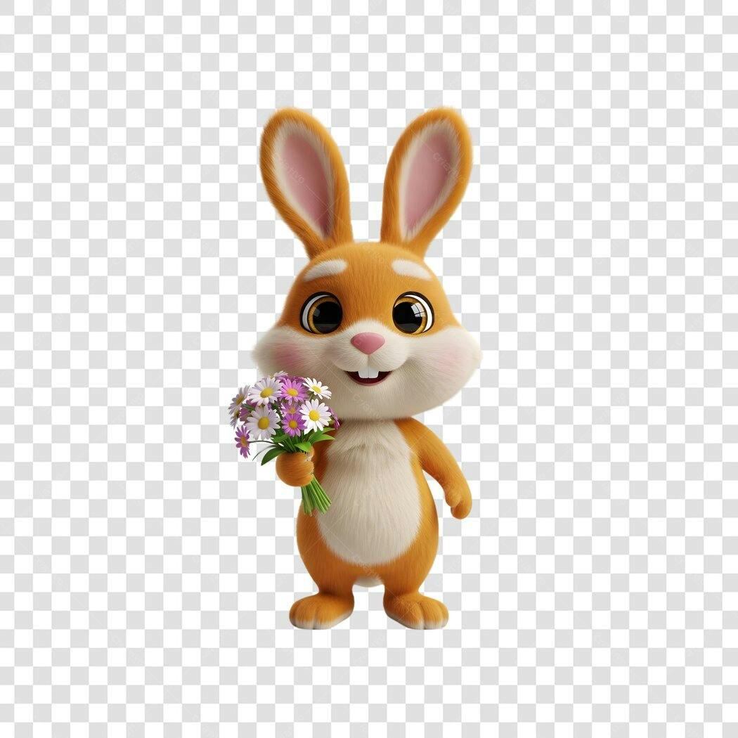Personagem 3D Coelho Páscoa Março Flores PNG Fundo Transparente