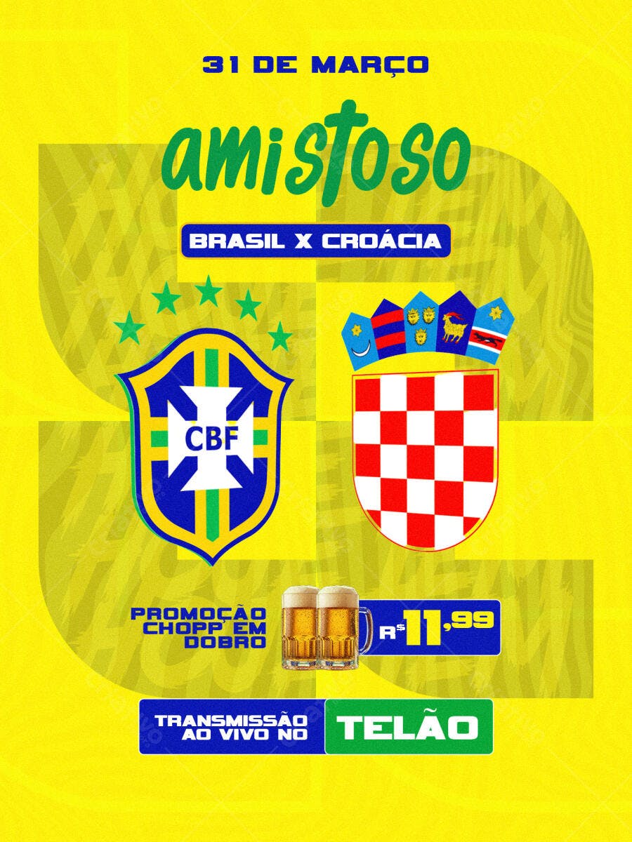 Flyer Amistoso Brasil Croácia Futebol Bar PSD Editável