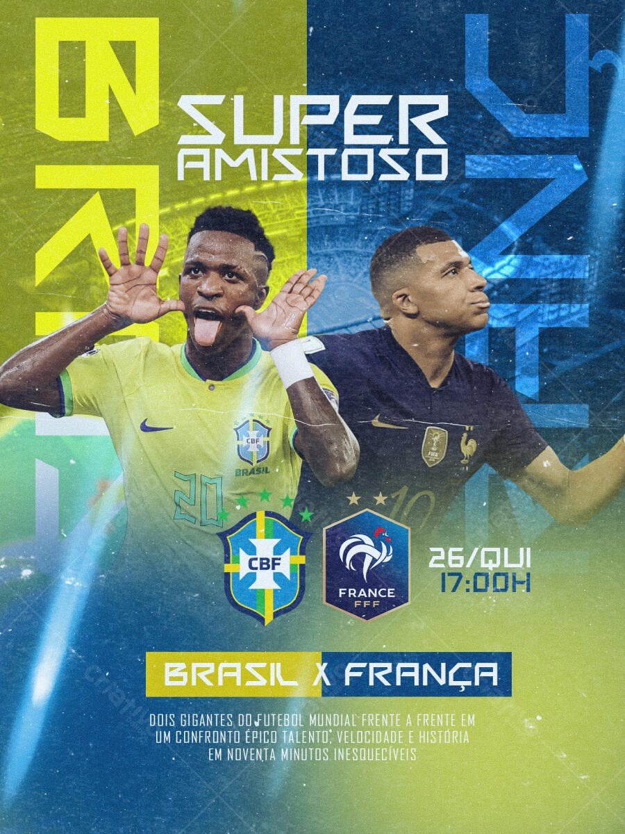 Flyer Super Amistoso Futebol Brasil França PSD Editável