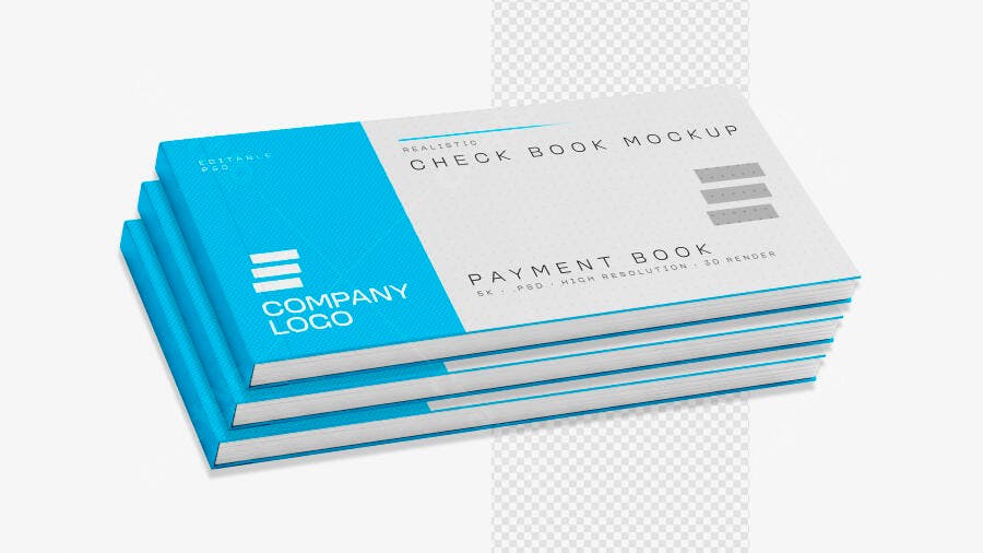 Mockup Talão de Cheques Azul e Branco Vista Frontal Editável
