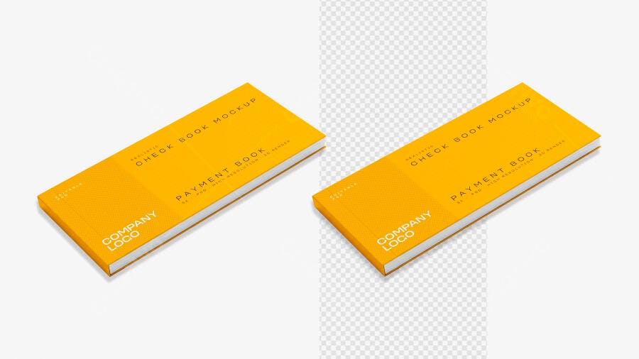 Mockup Talão Cheque Isométrico Amarelo Editável