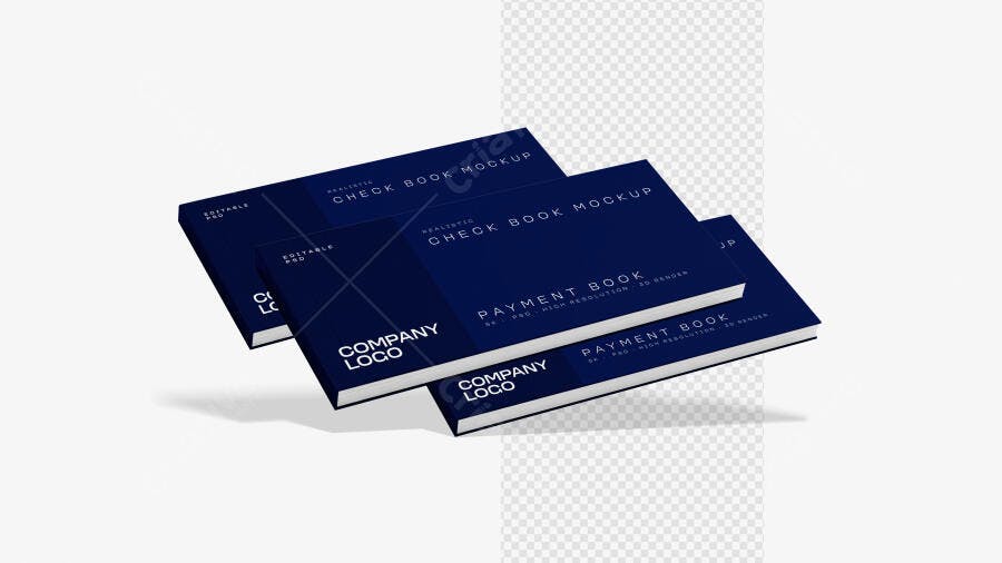 Mockup Cheque Book Azul Escuro Flutuante Editável