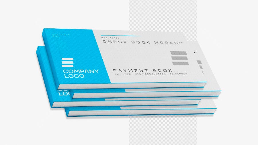 Mockup Talão de Cheques Azul e Branco Empilhado Editável