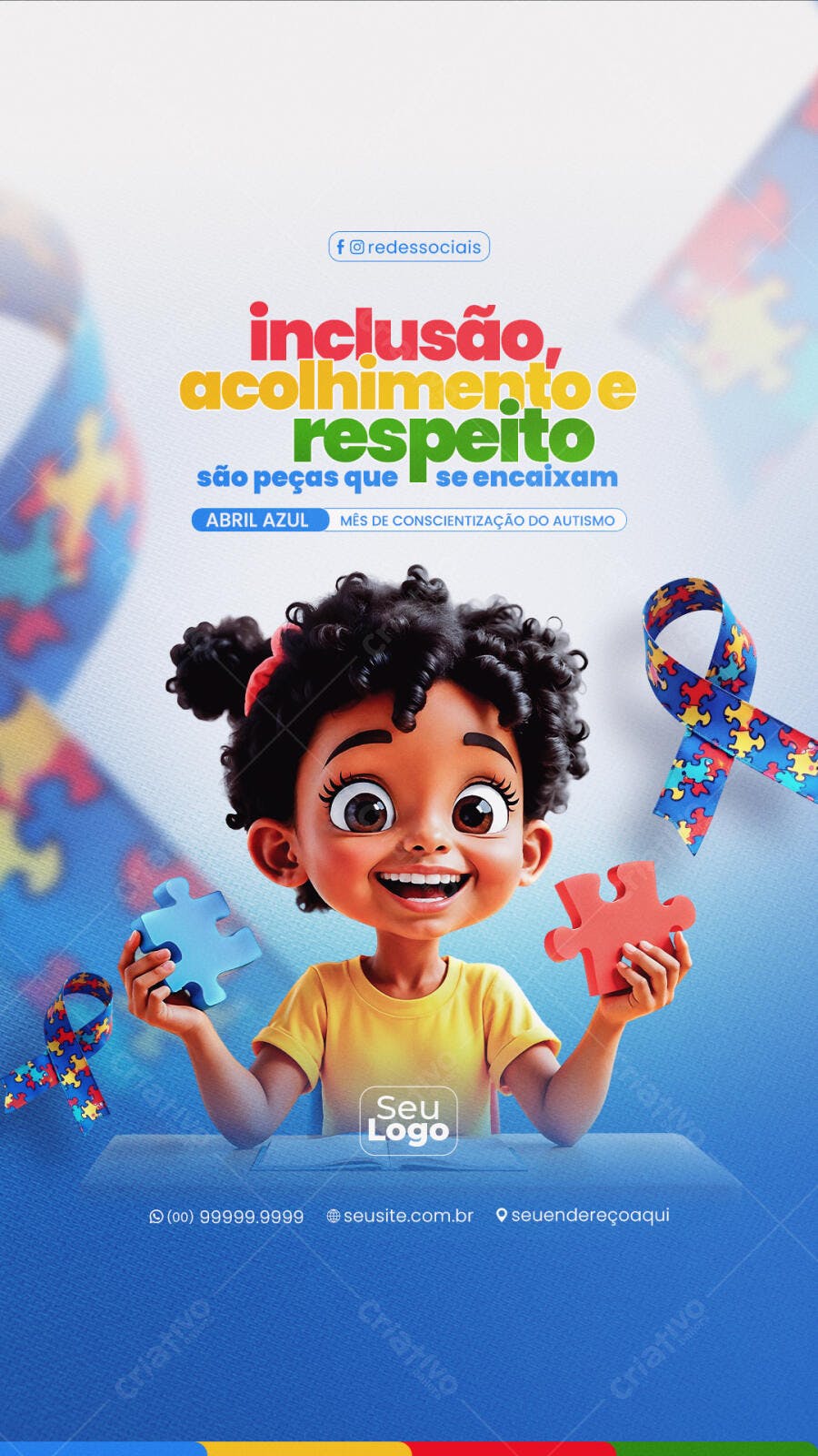 Post para Redes Sociais Abril Azul Mês do Autismo PSD Editável