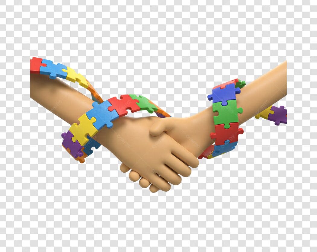 Elemento 3D Mãos Dando as Mãos com Peças de Quebra-Cabeça PNG Fundo Transparente