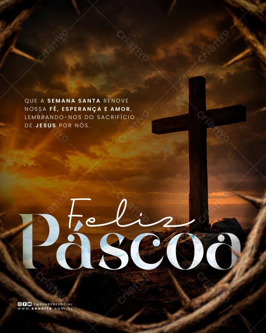 Post Instagram Feliz Páscoa Cruz Coroa Espinhos PSD Editável