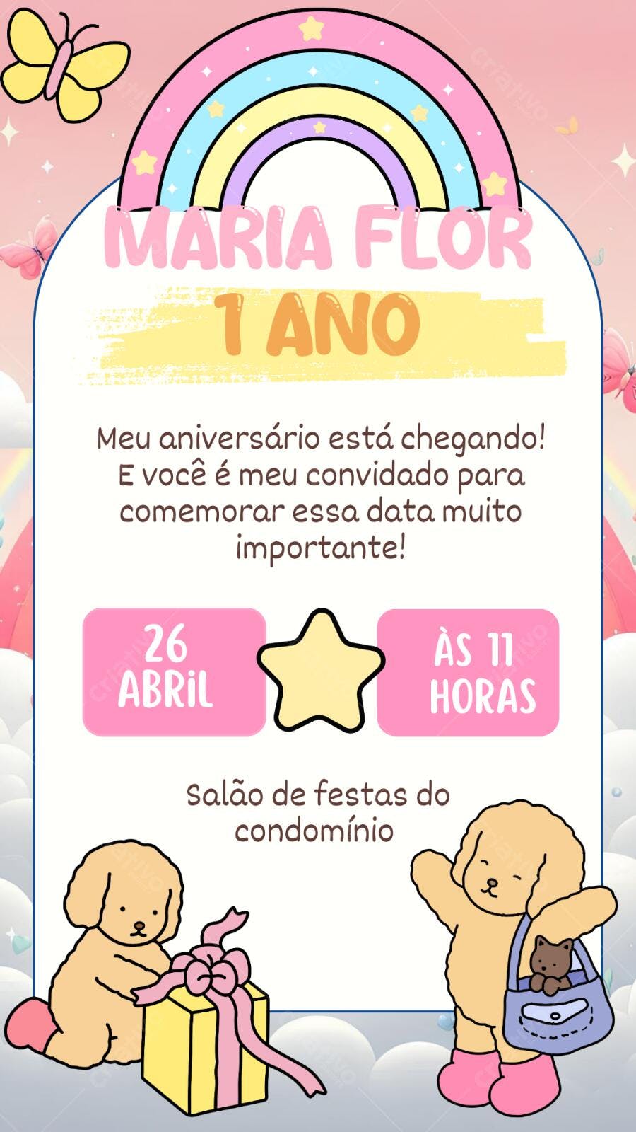 Convite Aniversário Infantil Cachorro Arco-Íris 1 Ano Editável