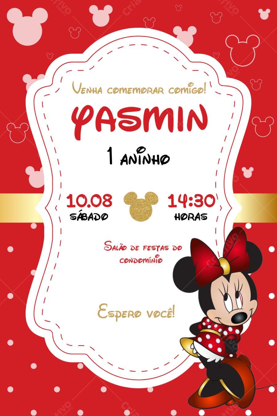 Convite Aniversário Minnie Vermelha 1 Aninho Editável