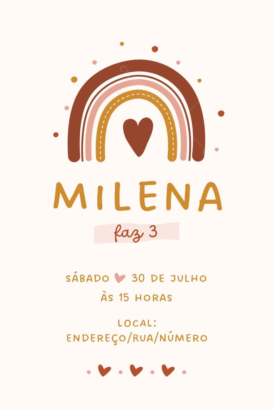 Convite Aniversário Infantil Arco-Íris Boho 3 Anos Editável