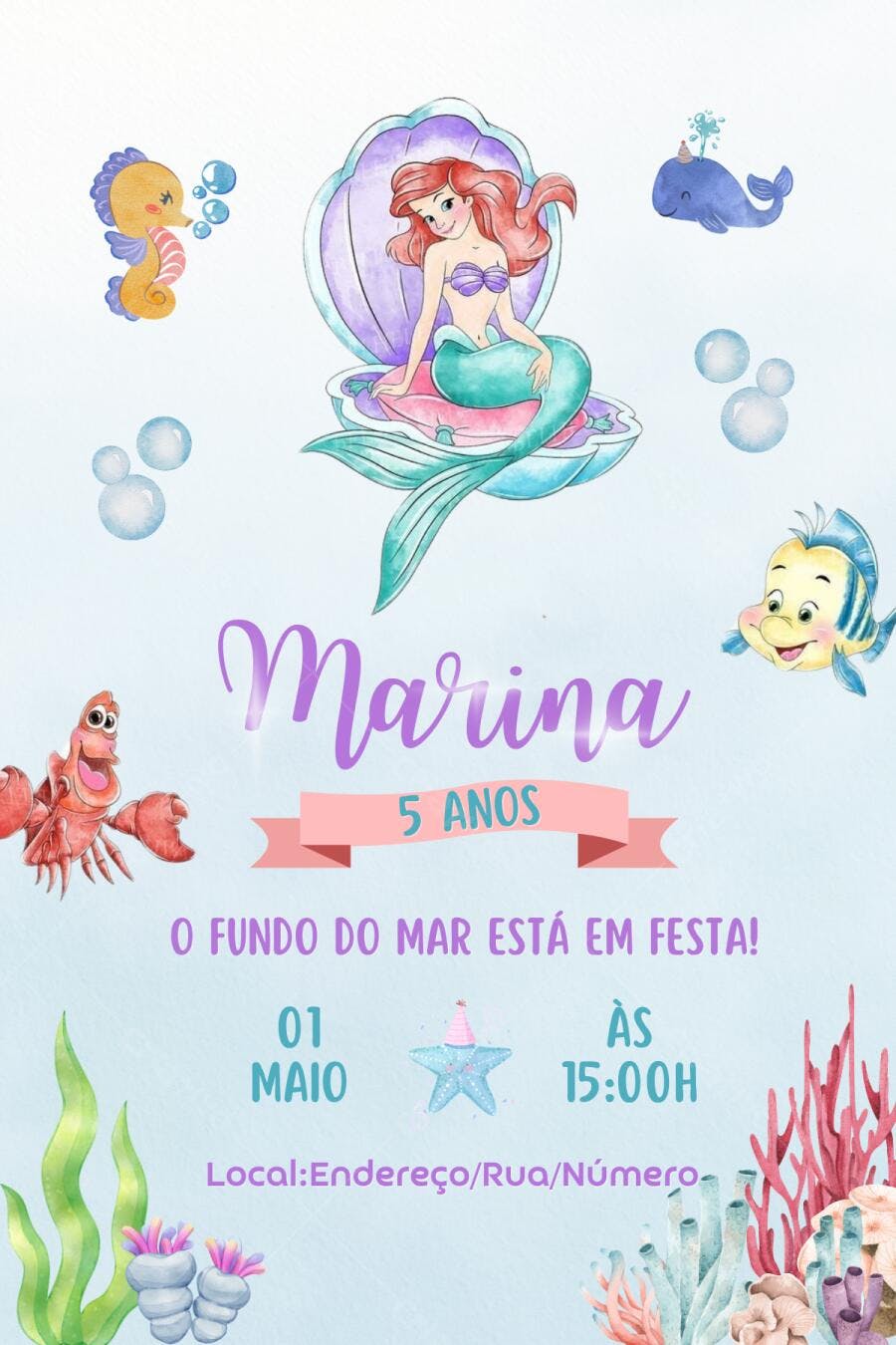 Convite Aniversário Pequena Sereia 5 Anos Editável