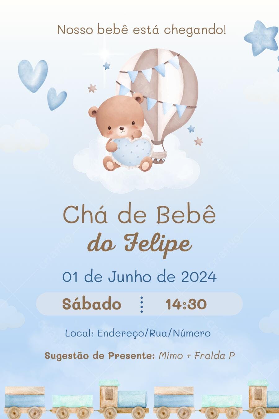 Convite Chá de Bebê Urso Balão Azul Menino Editável