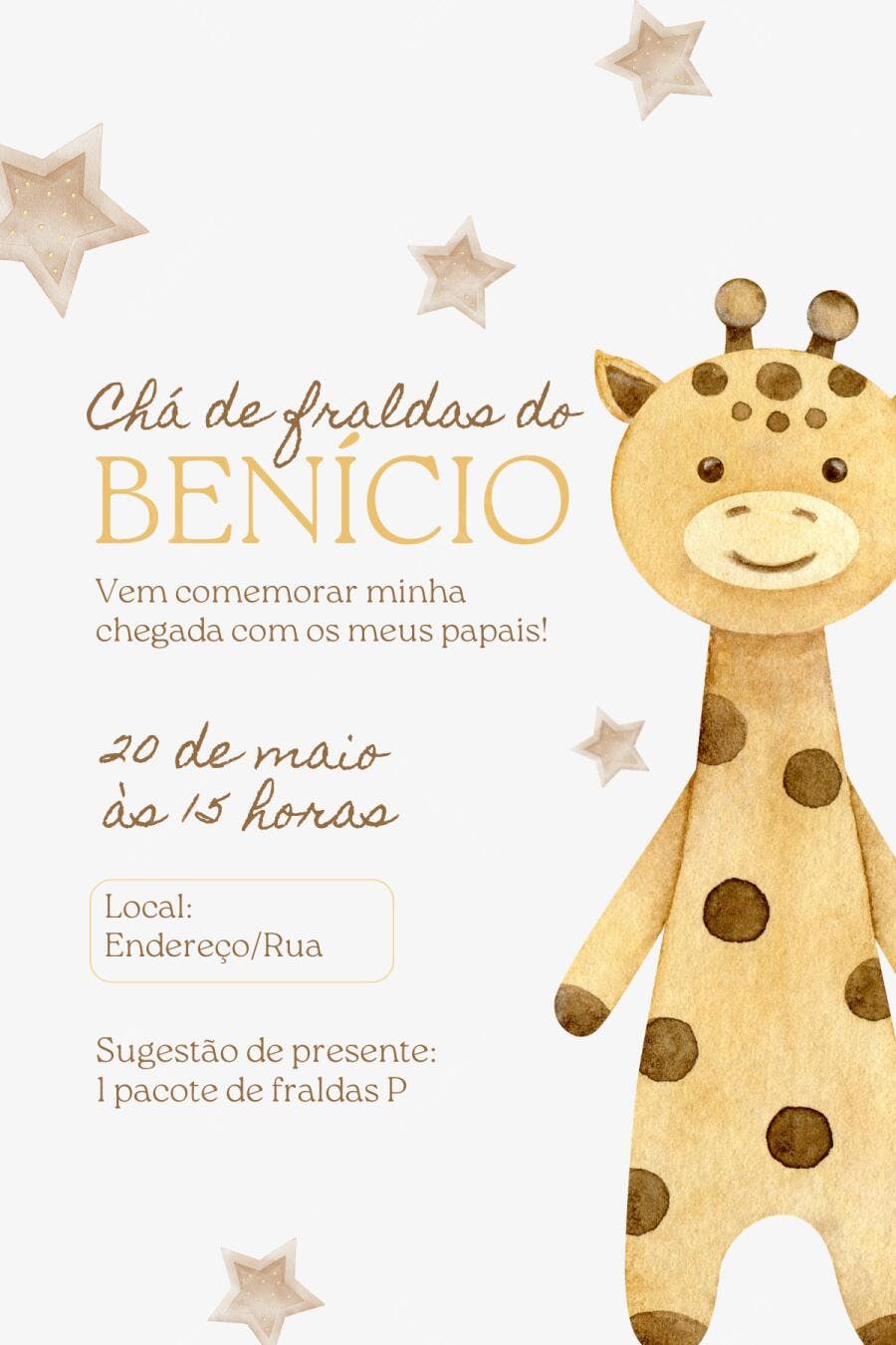 Convite Chá de Fraldas Girafa Aquarela Estrelas Editável