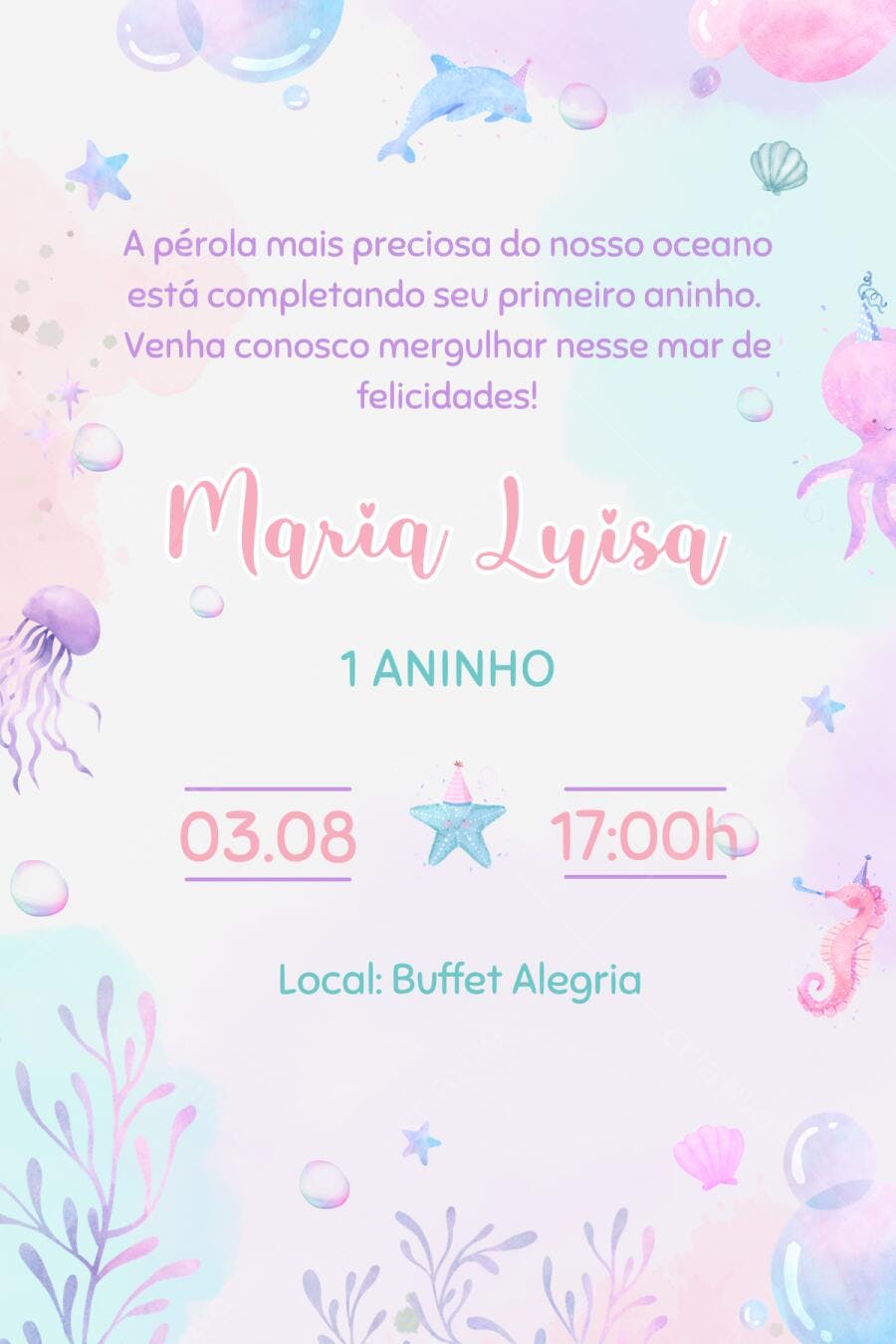Convite Aniversário Infantil Fundo do Mar 1 Ano Editável