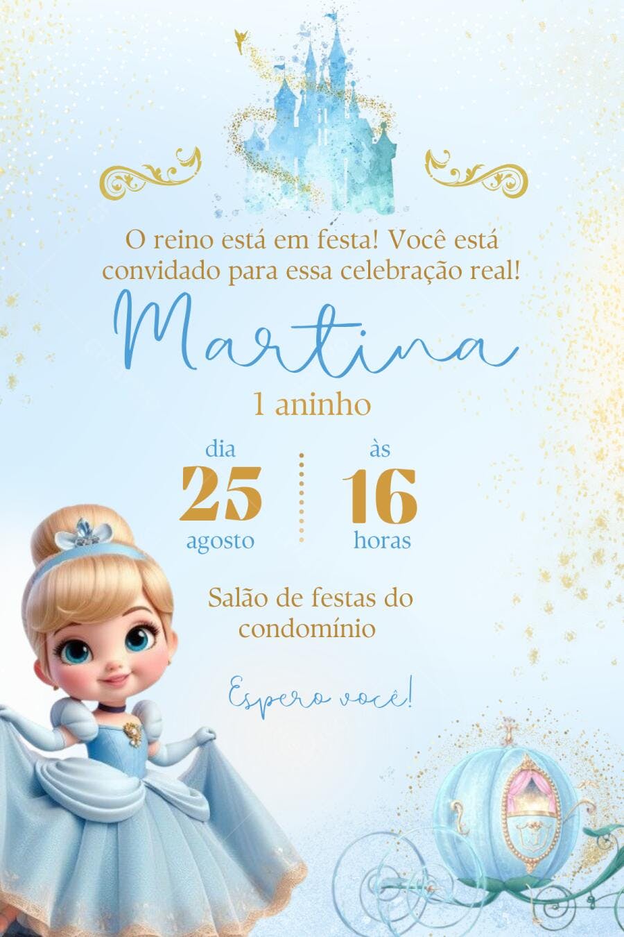 Convite Aniversário Cinderela 1 Aninho Editável