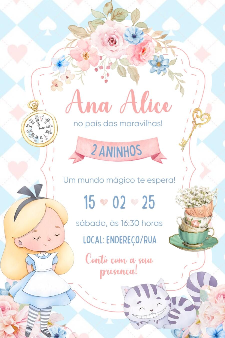 Convite Aniversário Alice no País das Maravilhas 2 Anos Editável