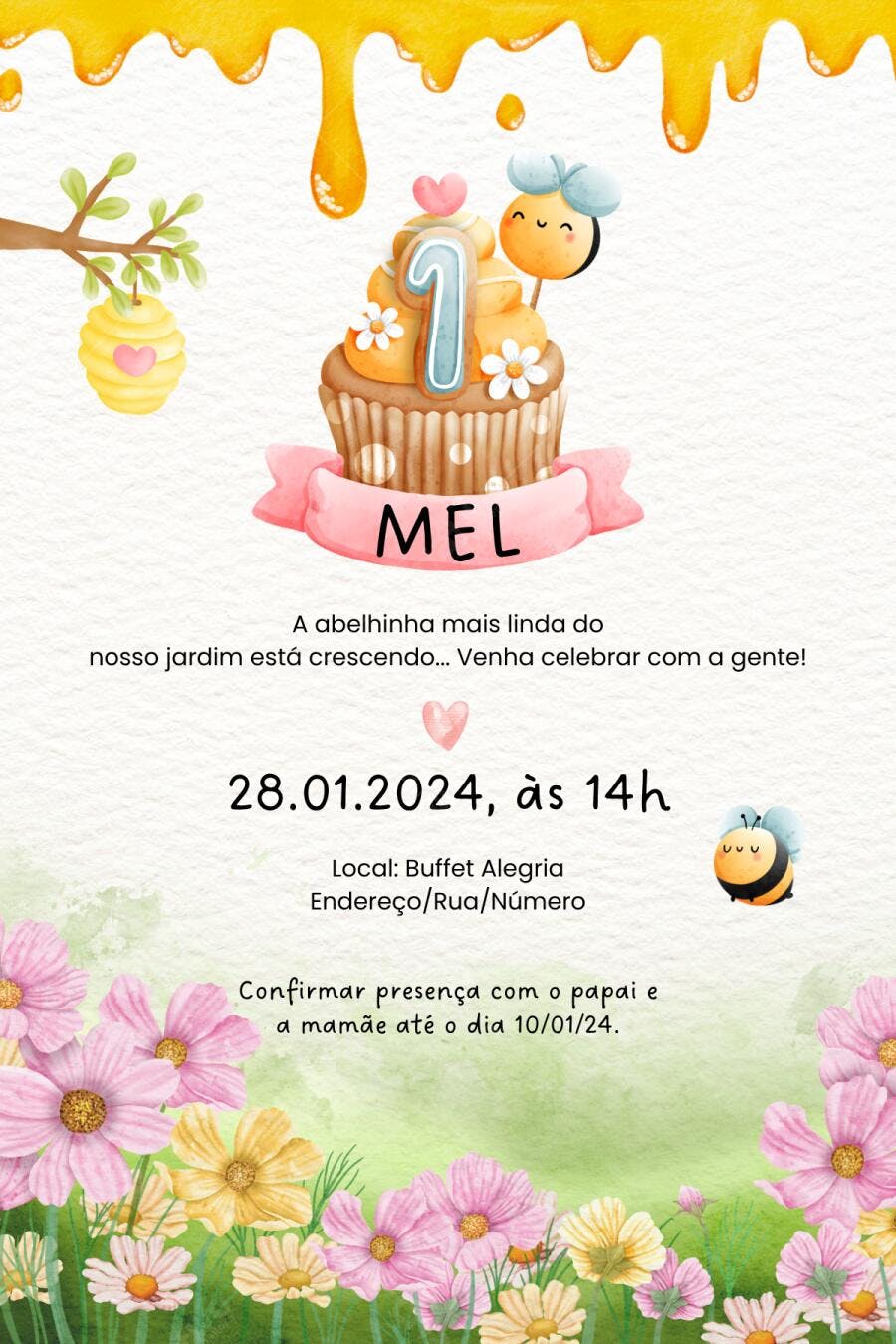 Convite Aniversário Abelhinha 1 Ano Jardim Editável