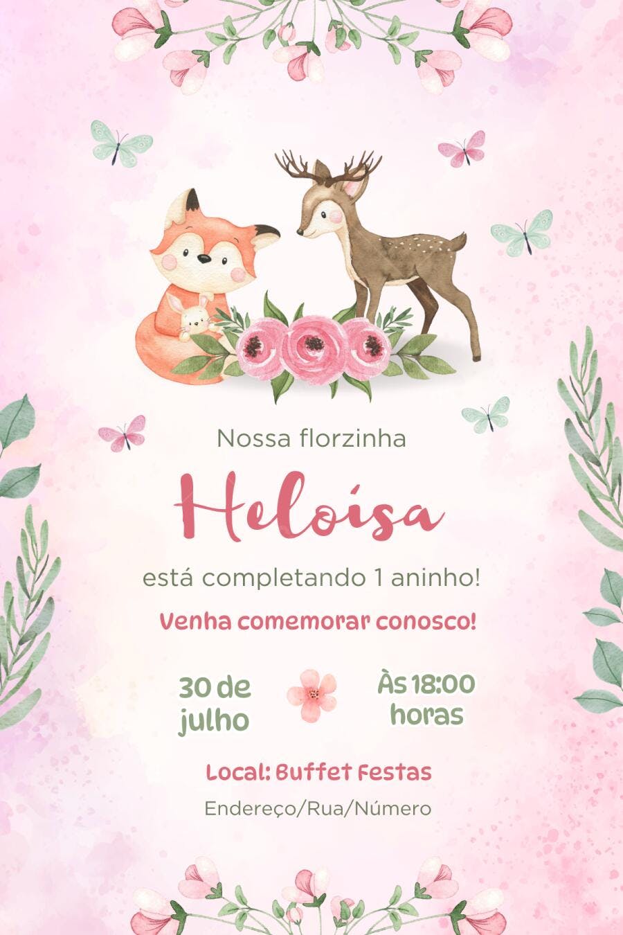 Convite Aniversário Raposa Veado Floresta 1 Ano Editável
