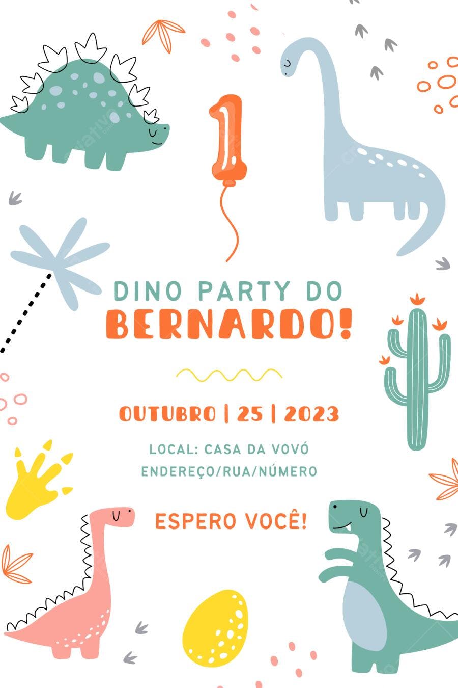 Convite Aniversário Dinossauros 1 Ano Editável