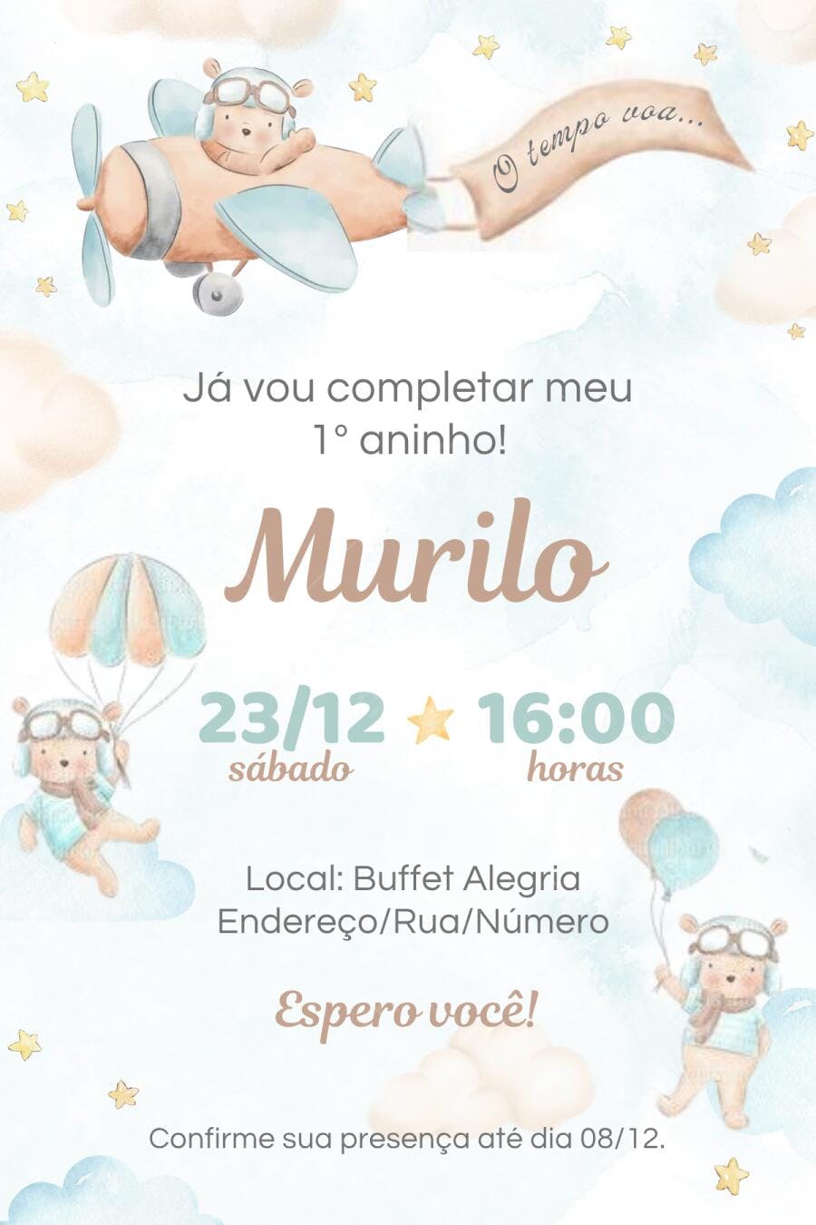 Convite Aniversário Urso Aviador 1 Ano Editável