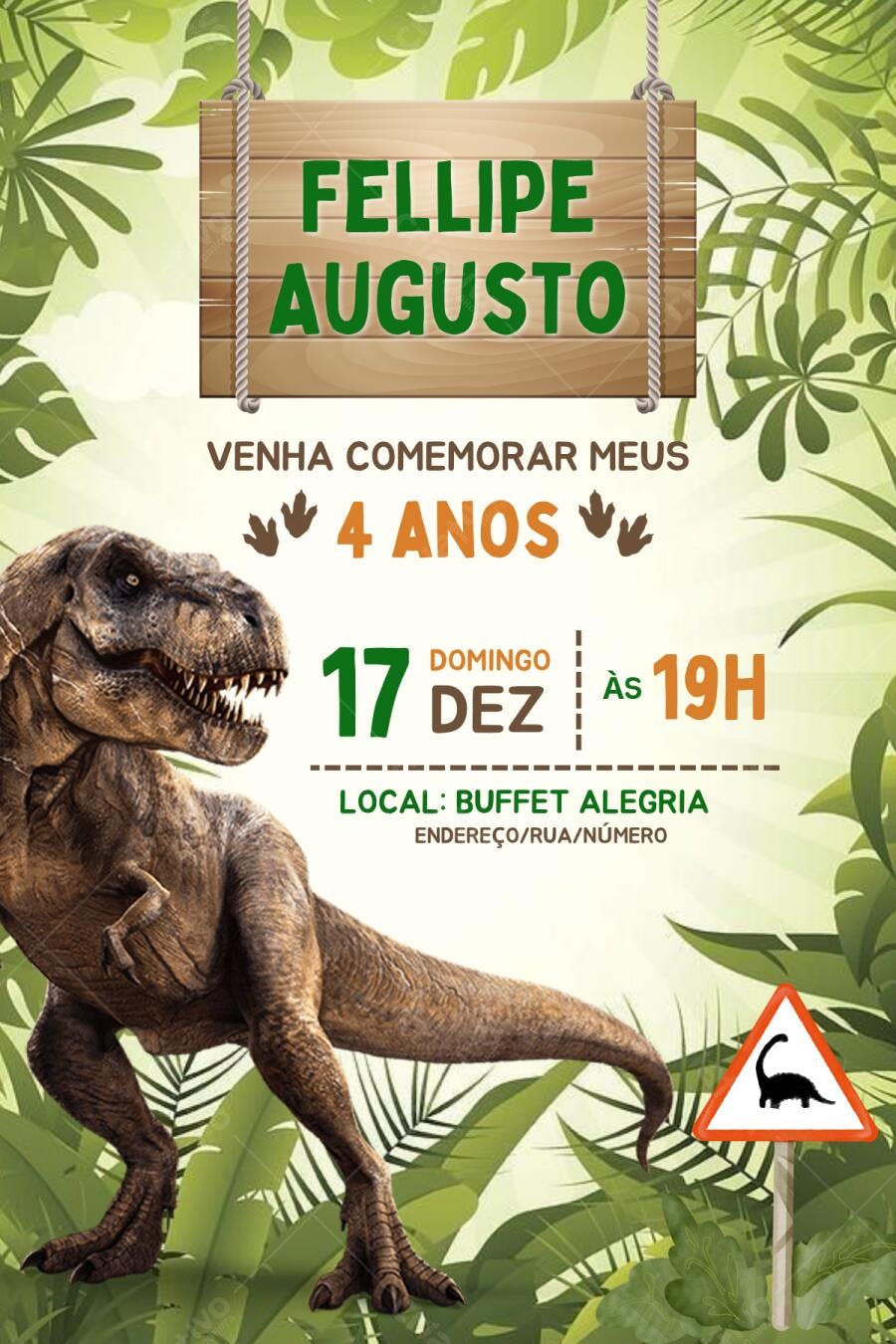 Convite Aniversário Dinossauro T-Rex 4 Anos Editável
