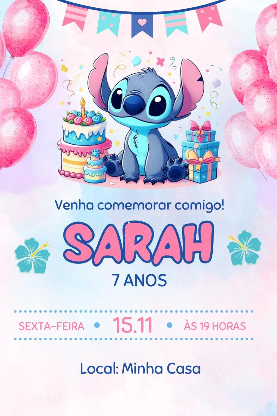 Convite Aniversário Stitch 7 Anos Rosa Azul Editável