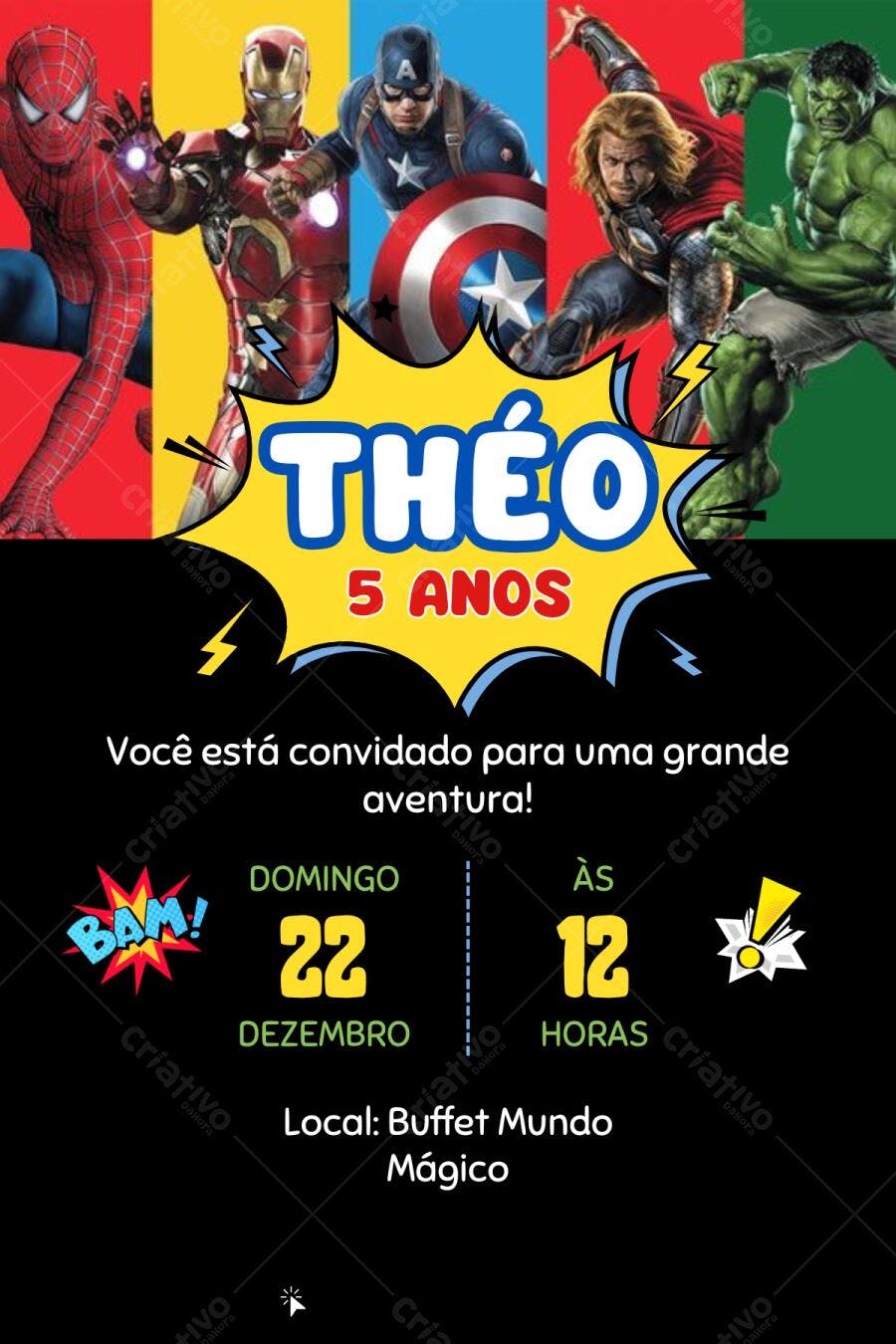 Convite Aniversário Vingadores 5 Anos Editável