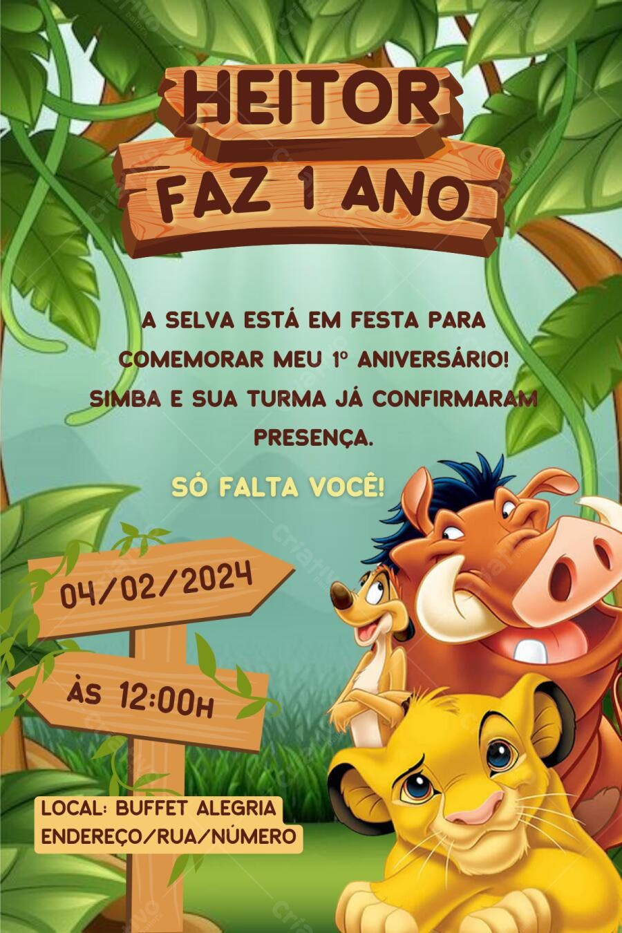 Convite Aniversário Rei Leão Simba 1 Ano Editável