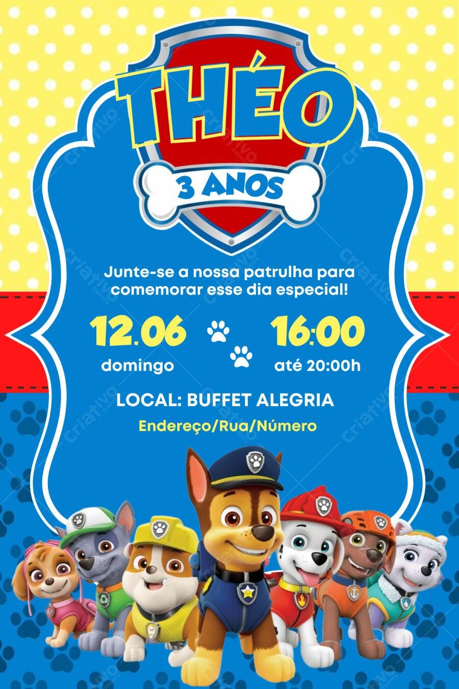 Convite Aniversário Patrulha Canina 3 Anos Editável