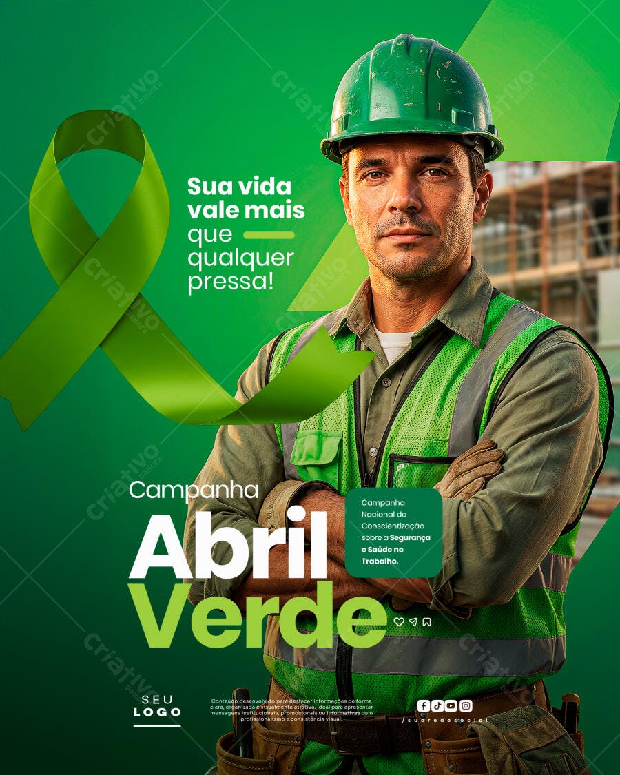 Social Media Abril Verde Segurança Trabalho PSD Editável