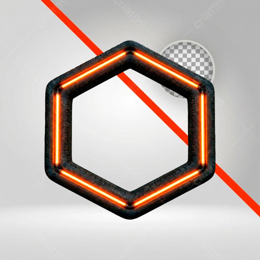 Elemento 3D Hexagonal Neon Laranja PNG Fundo Transparente