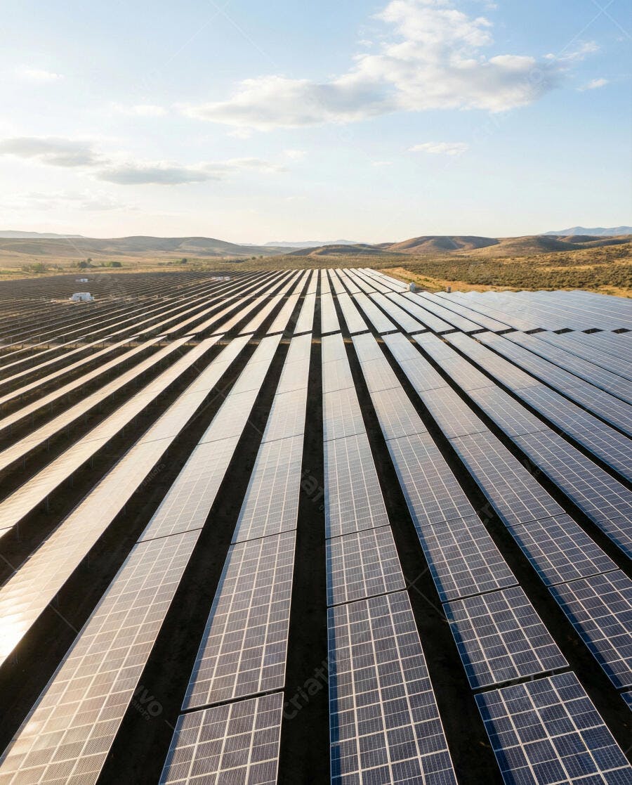 Foto Campo de Energia Solar Painéis Fotovoltaicos ao Pôr do Sol