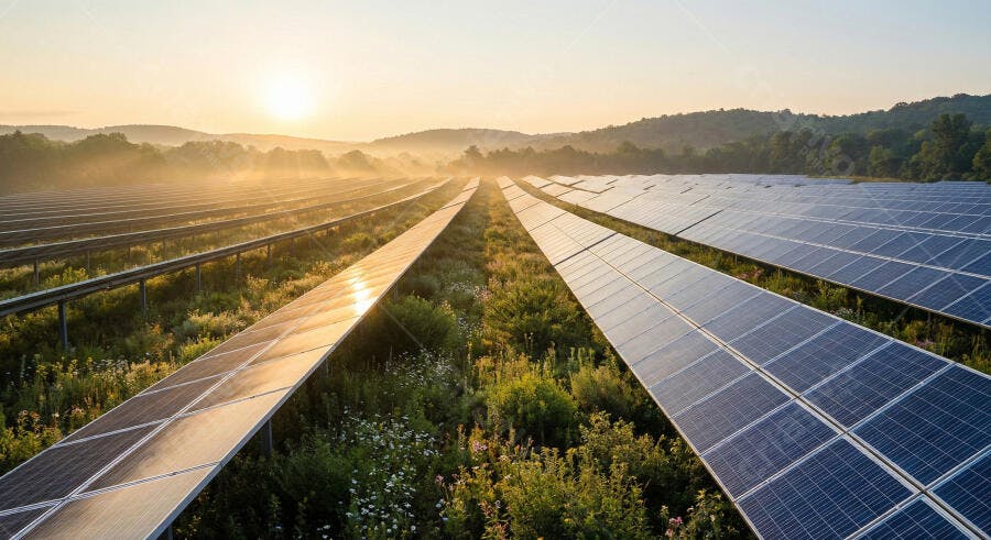 Foto Painel Solar Campo Energia Renovável ao Amanhecer